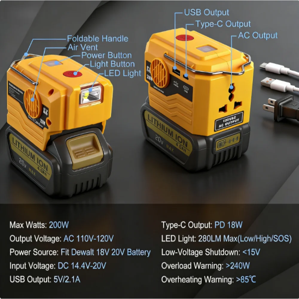 AC 110~220V Inverter Generator Power inverter LED Outdoor Camping Adapter Power Supply Tool For Dewalt 18V 21V Li-ion Battery