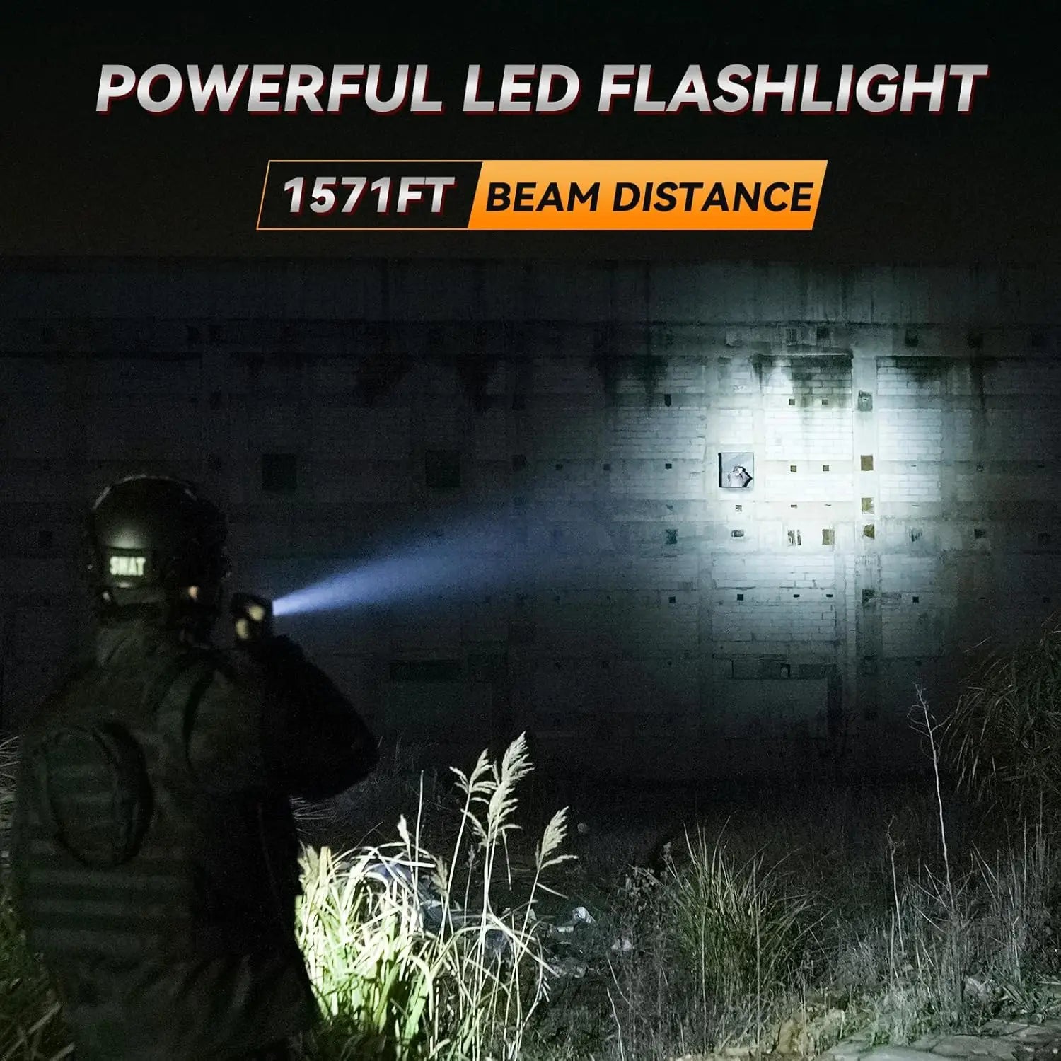 Tactical Long Throw Flashlight, 1571ft Beam, USB-C Rechargeable, IP68 Waterproof, Rotary Switch for Emergency Rescue
