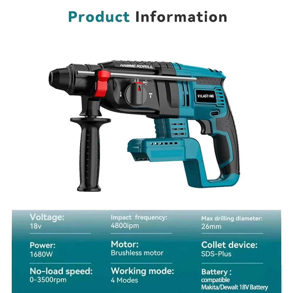 VILASTING 26MM Brushless Cordless Electric Hammer Drill Multifunctional Rotary High Power Tools For Makita 18V Battery Pin