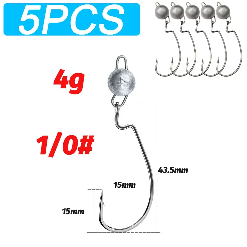 5Pcs Metal Jig Head Worm Hooks 2g 10g 18g Weight Crank Gear Sinker Pesca Weedless Offset Texas Rig Fishing Tackle Kit Fishhook