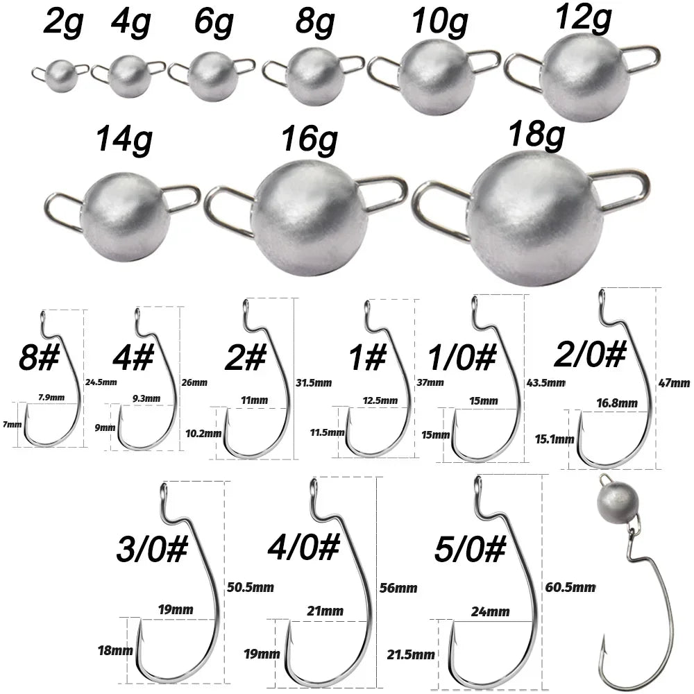 5Pcs Metal Jig Head Worm Hooks 2g 10g 18g Weight Crank Gear Sinker Pesca Weedless Offset Texas Rig Fishing Tackle Kit Fishhook