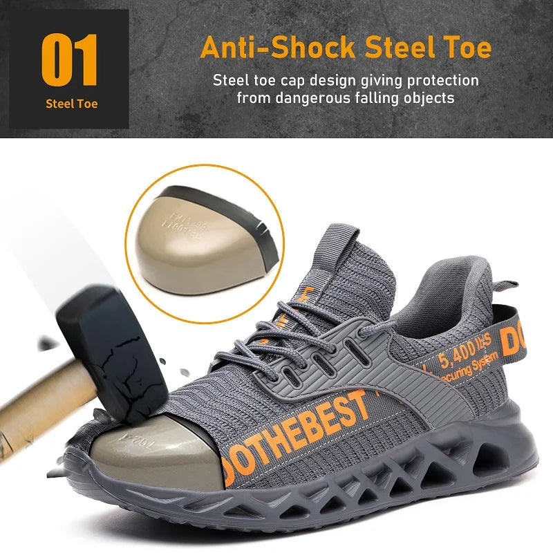 Steel Toe Safety Shoes for Men Lightweight Breathable Work Shoes Grey Anti-Smash Anti-Puncture Work Shoes Comfortable Durable