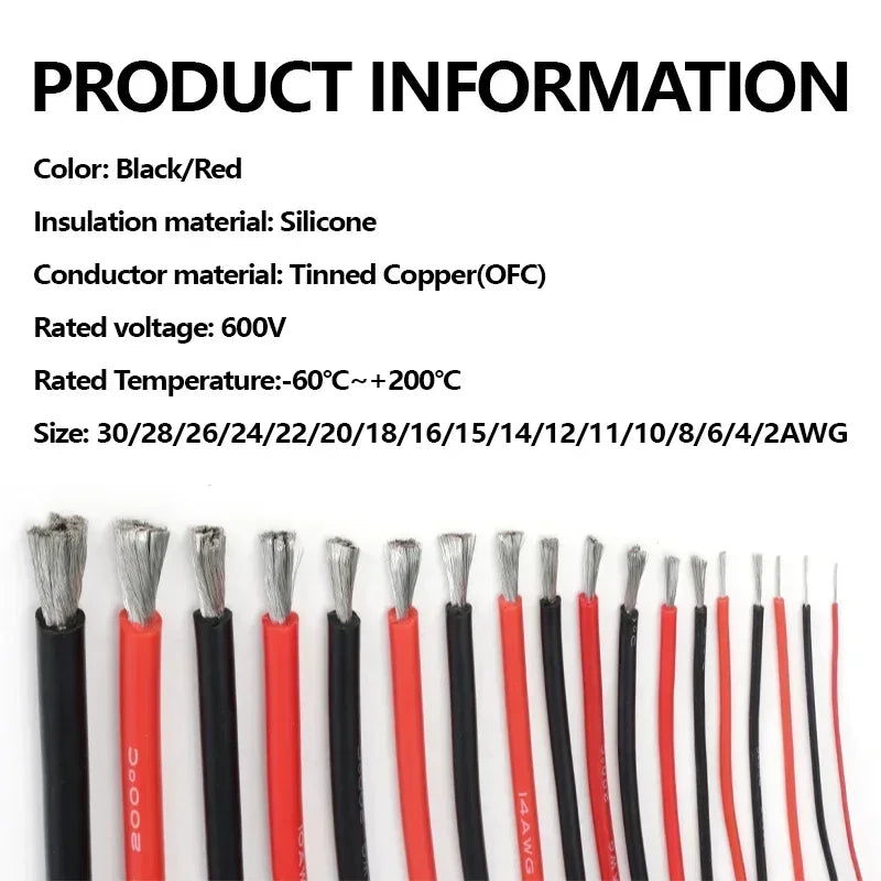 1~50m Heat Resistant Cable Red Black 30/28/26/24/22/20/18/16AWG Silicone Rubber Tinned Copper Wire Car Battery Automotive Wiring