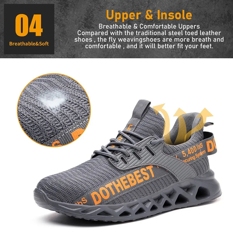Steel Toe Safety Shoes for Men Lightweight Breathable Work Shoes Grey Anti-Smash Anti-Puncture Work Shoes Comfortable Durable