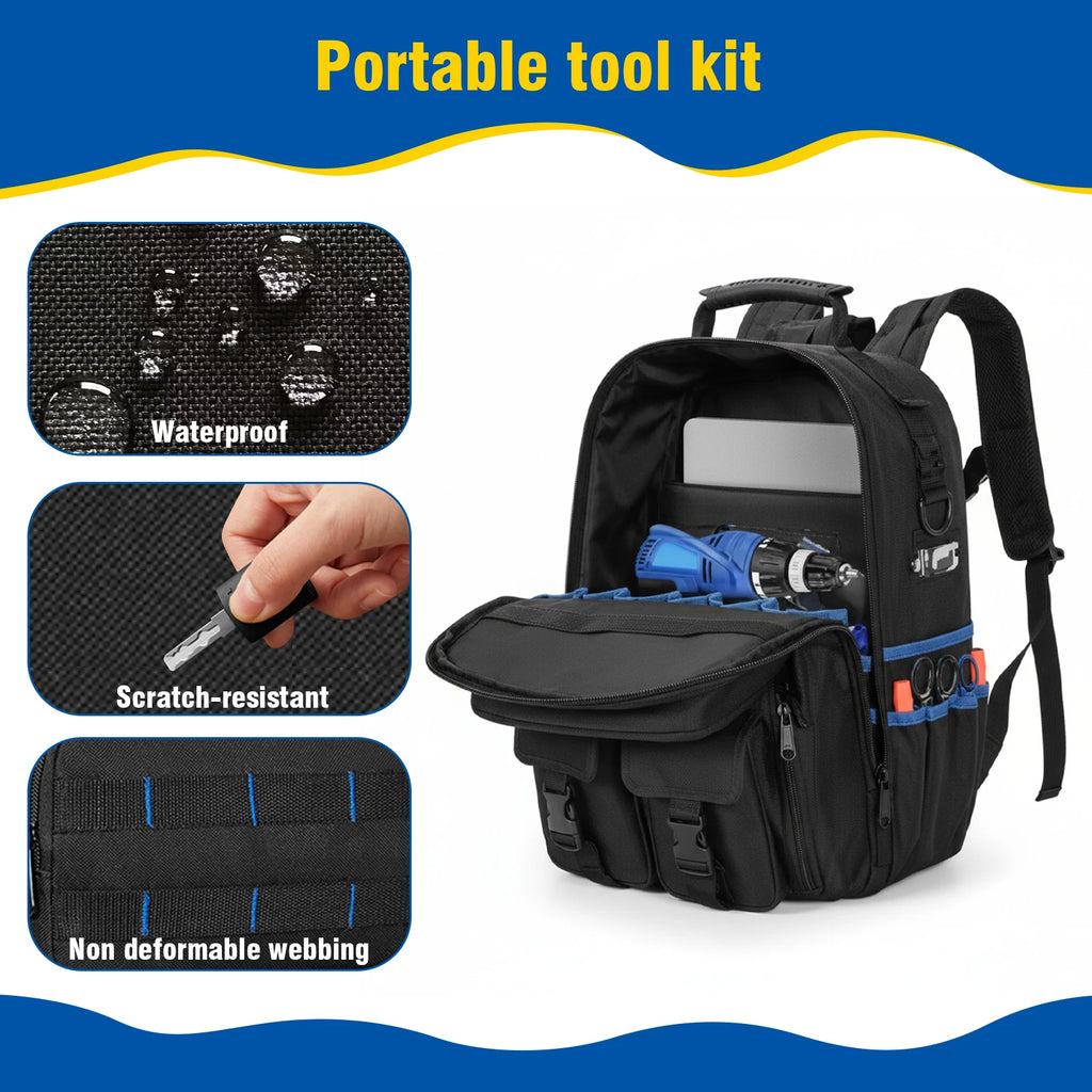 Backpack Tool Bag with Padded Back Support Heavy Duty Tool Kit Carrier Storage Bags for Electrician, Plumber, HVAC, Cable Repair
