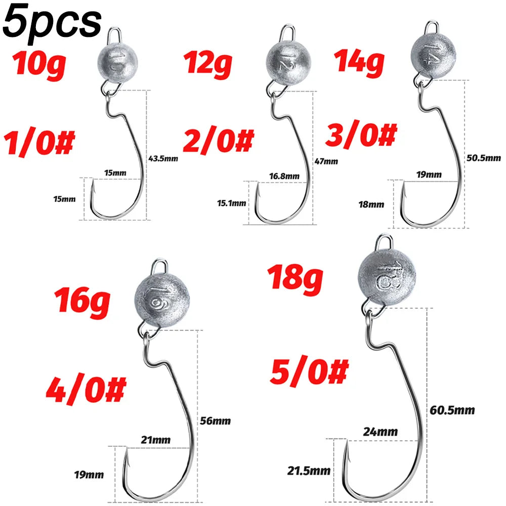 5Pcs Metal Jig Head Worm Hooks 2g 10g 18g Weight Crank Gear Sinker Pesca Weedless Offset Texas Rig Fishing Tackle Kit Fishhook