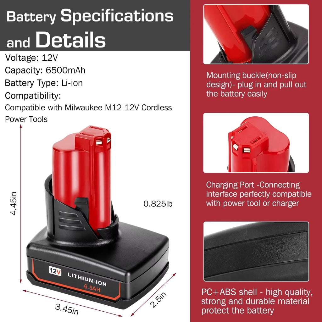 KUNLUN For Milwaukee 12V Tool Battery For Milwaukee M12 6500mAh Lithium Battery Impact Wrench Drill Power Tools Battery