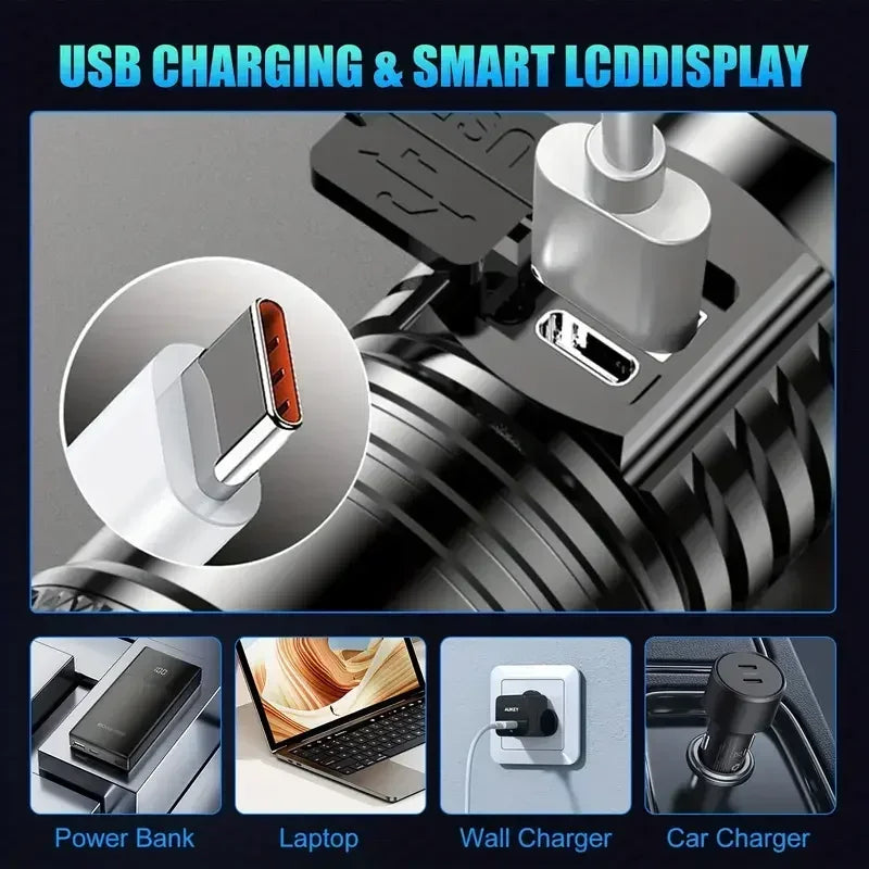 Super Bright LED Flashlight USB Rechargeable Torch Telescopic Zoom Light Outdoor Emergency Camping Fishing Waterproof Lantern