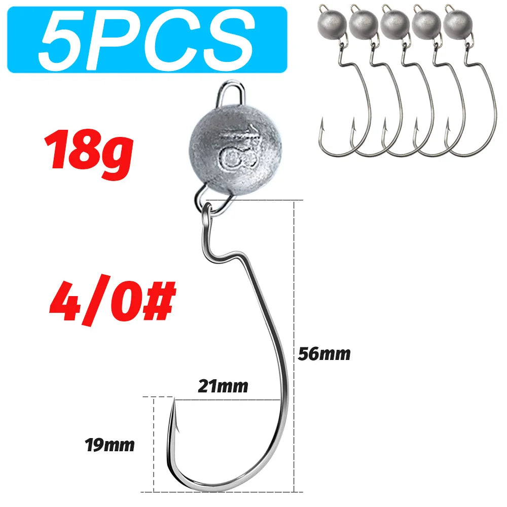 5Pcs Metal Jig Head Worm Hooks 2g 10g 18g Weight Crank Gear Sinker Pesca Weedless Offset Texas Rig Fishing Tackle Kit Fishhook