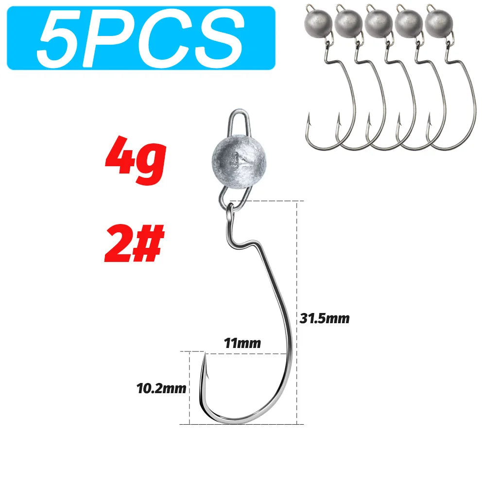 5Pcs Metal Jig Head Worm Hooks 2g 10g 18g Weight Crank Gear Sinker Pesca Weedless Offset Texas Rig Fishing Tackle Kit Fishhook