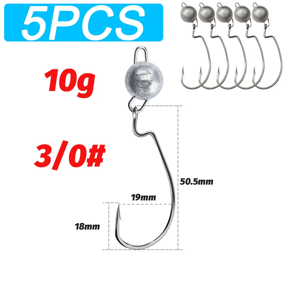 5Pcs Metal Jig Head Worm Hooks 2g 10g 18g Weight Crank Gear Sinker Pesca Weedless Offset Texas Rig Fishing Tackle Kit Fishhook