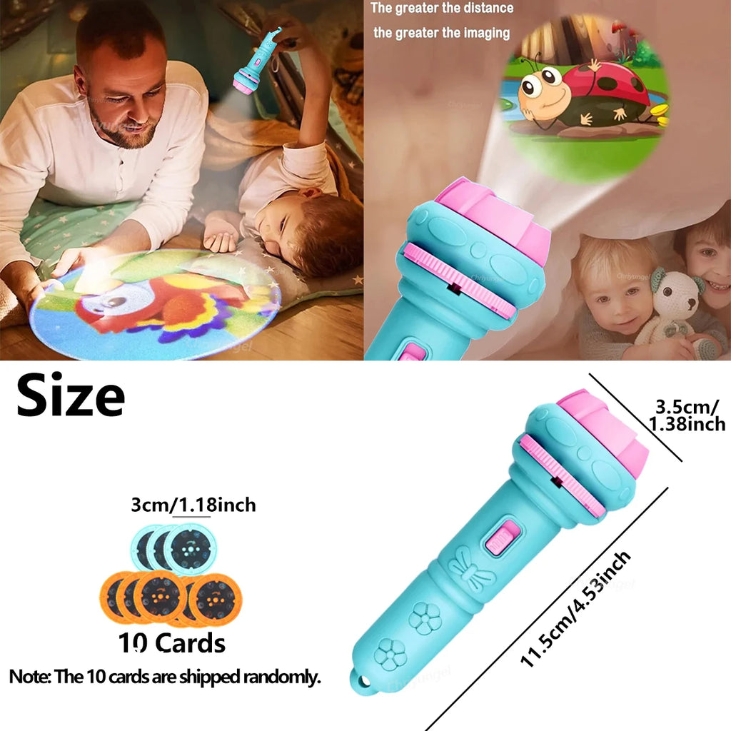 10 Cards Cartoon Projection Flashlight 80 Patterns Creative Children Flashlight Toy Projector Baby Toys Bedtime Story Book Toy