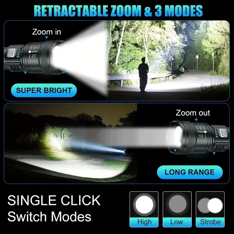 Super Bright LED Flashlight USB Rechargeable Torch Telescopic Zoom Light Outdoor Emergency Camping Fishing Waterproof Lantern
