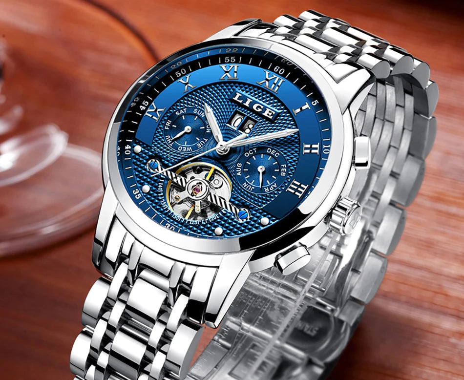 LIGE Mens Watches Fashion Top Brand Luxury Business Automatic Mechanical Watch Men Casual Waterproof Watch Relogio Masculino+Box