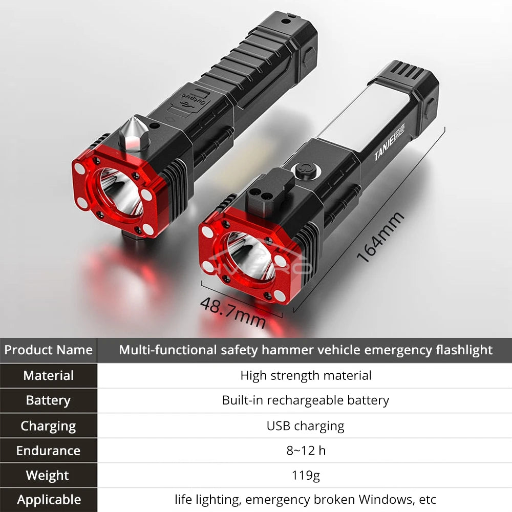 Strong Light Flashlight Multi Functional Outdoor Work Lamp COB USB Rechargeable Emergency Window Breaking Escape Safety Hammer
