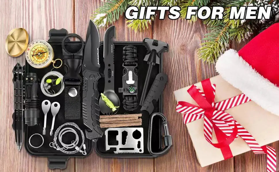 16 Pcs Survival Kit, Camping Gear & Equipment, Stocking Stuffers for Men, Outdoor Adventure Christmas Gifts