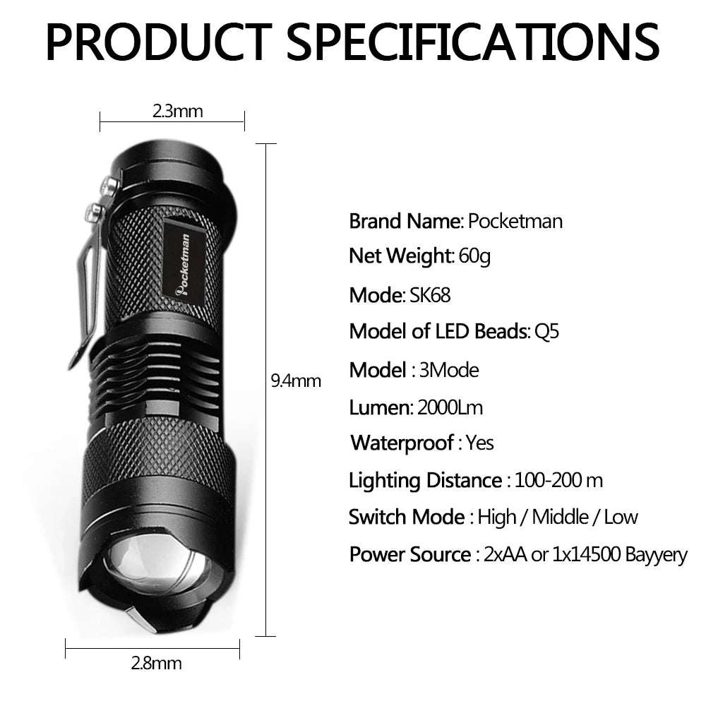LED Flashlight Pocket Emergency Flashlight Zoomable Torch Aluminium Alloy 3 Lighting Modes Flashlight Waterproof Torch