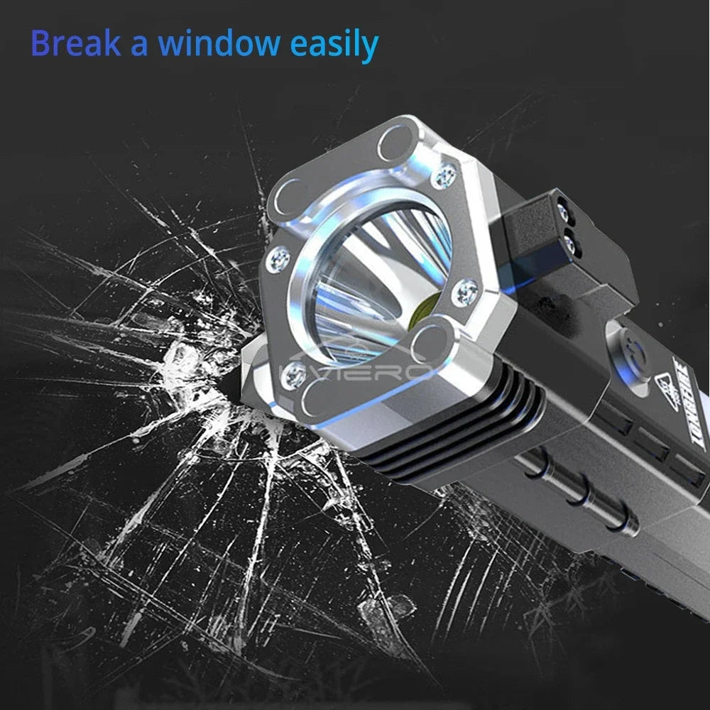 Strong Light Flashlight Multi Functional Outdoor Work Lamp COB USB Rechargeable Emergency Window Breaking Escape Safety Hammer