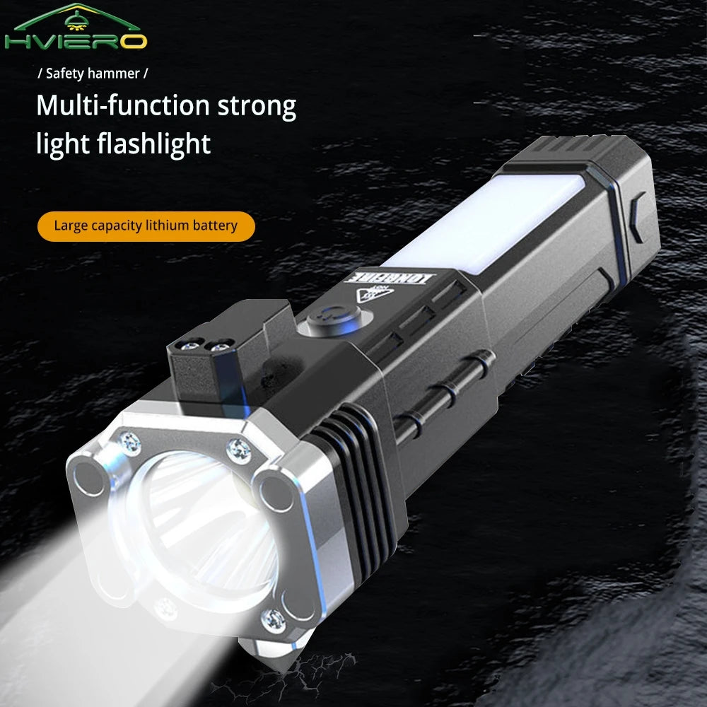 Strong Light Flashlight Multi Functional Outdoor Work Lamp COB USB Rechargeable Emergency Window Breaking Escape Safety Hammer