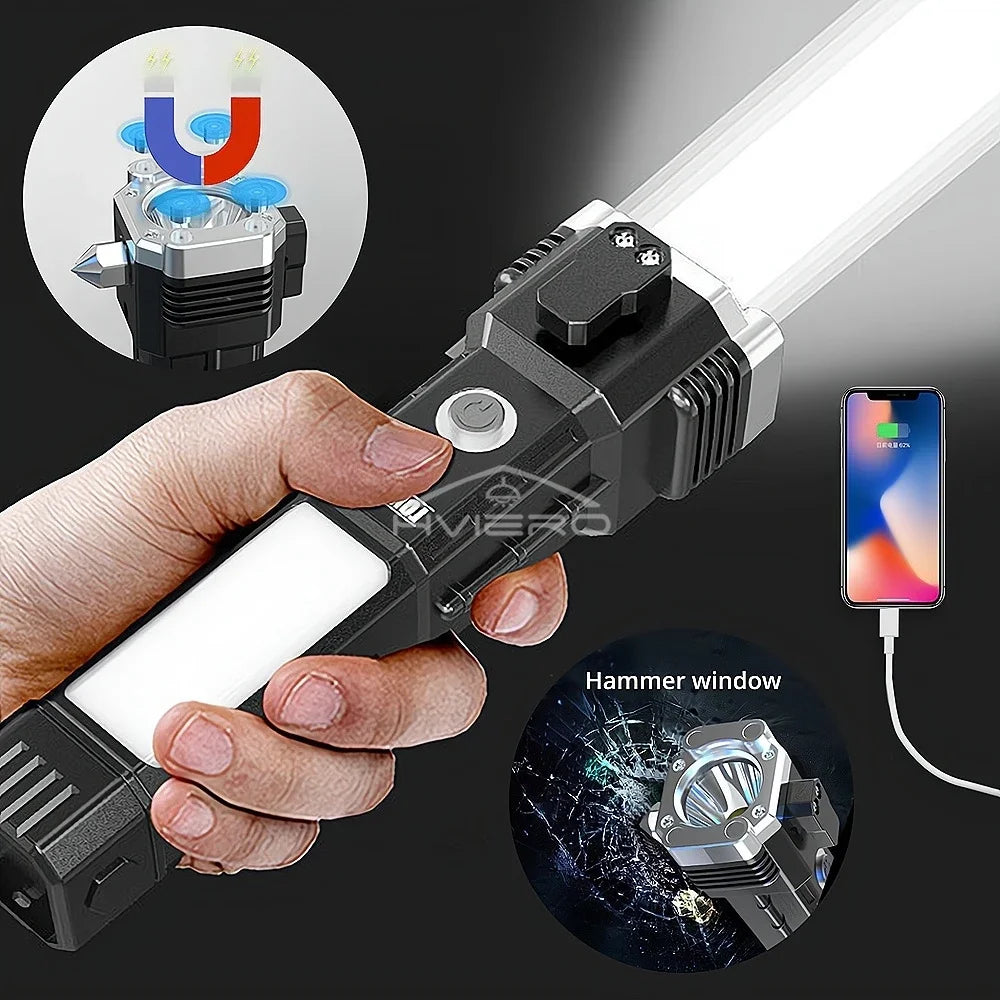 Strong Light Flashlight Multi Functional Outdoor Work Lamp COB USB Rechargeable Emergency Window Breaking Escape Safety Hammer