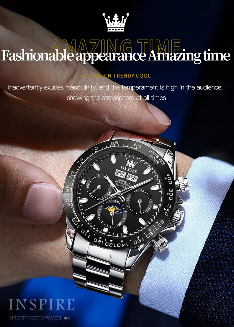 OLEVS 6654 Luxury Mens Watch Chronograph Automatic Mechanical Wristwatch Waterproof Luminous Top Brand Watch for Man Date Sport