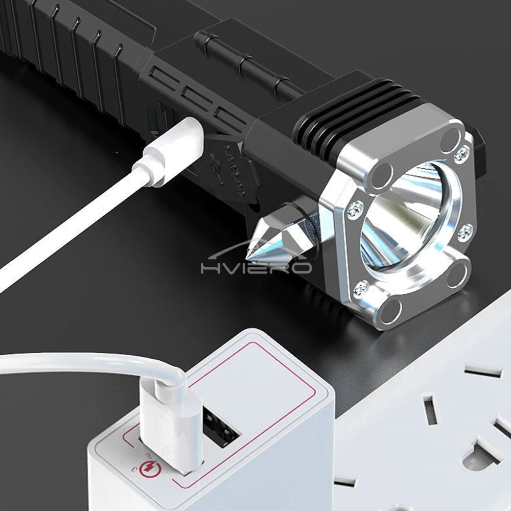 Strong Light Flashlight Multi Functional Outdoor Work Lamp COB USB Rechargeable Emergency Window Breaking Escape Safety Hammer