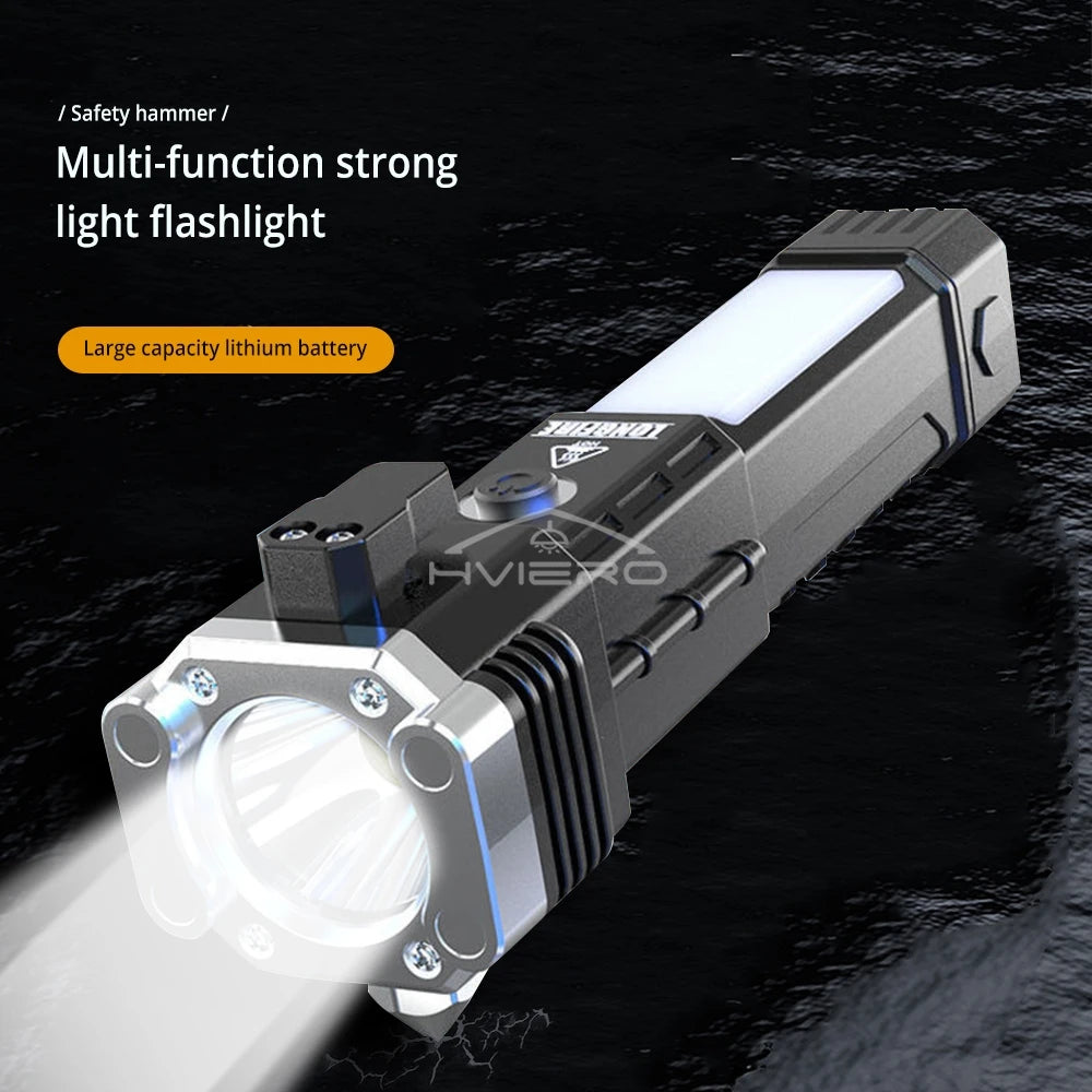 Strong Light Flashlight Multi Functional Outdoor Work Lamp COB USB Rechargeable Emergency Window Breaking Escape Safety Hammer