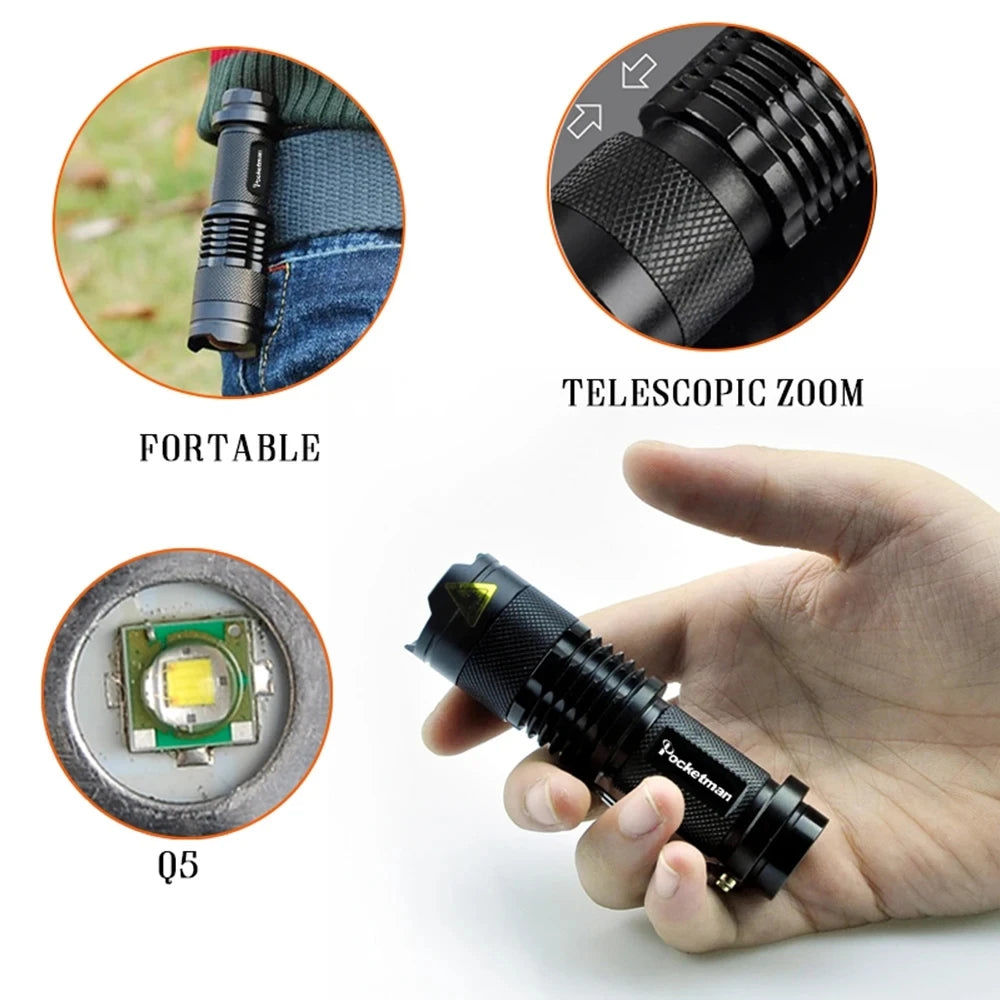 LED Flashlight Pocket Emergency Flashlight Zoomable Torch Aluminium Alloy 3 Lighting Modes Flashlight Waterproof Torch