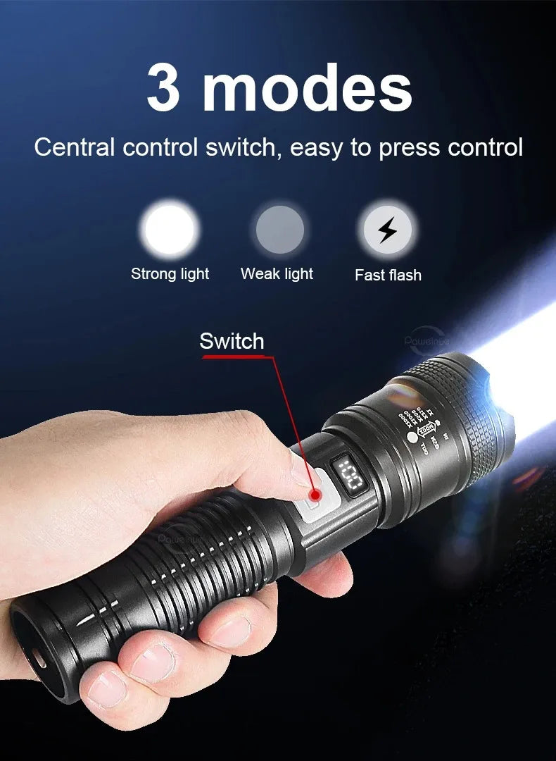 2000000LM Ultra-High Power Flashlight Digital Electronic Display Waterproof Torch Zoom Hand Light Outdoor Camping Lantern ﻿