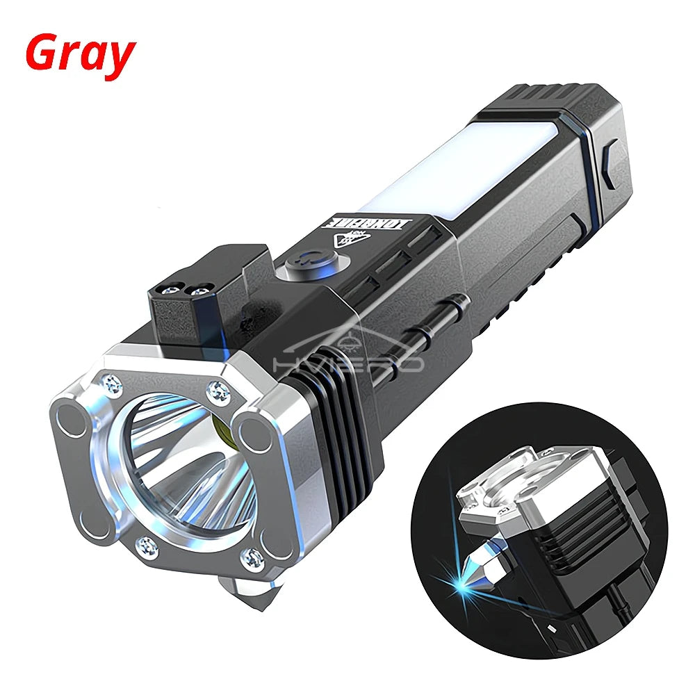 Strong Light Flashlight Multi Functional Outdoor Work Lamp COB USB Rechargeable Emergency Window Breaking Escape Safety Hammer