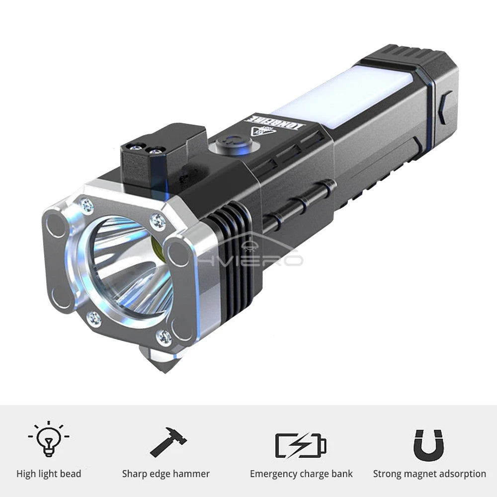 Strong Light Flashlight Multi Functional Outdoor Work Lamp COB USB Rechargeable Emergency Window Breaking Escape Safety Hammer