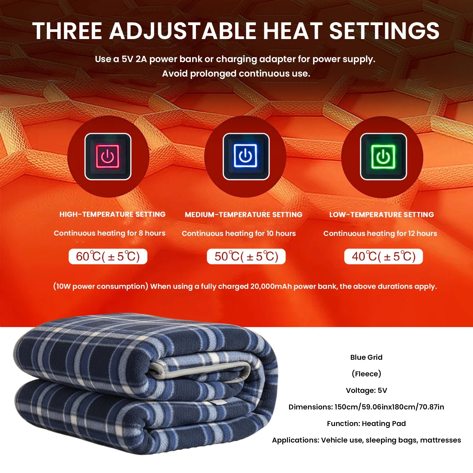 Winter Camping Gear- Sleeping Electric Heating Pads 3 Temp Adjustament Heating Cushion Pad Cold Resistant for Outdoor Sports Mat