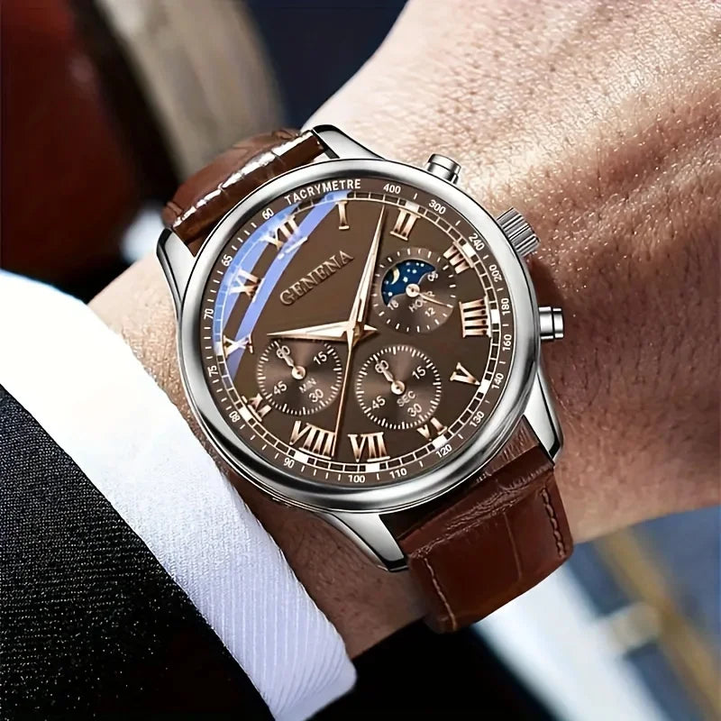 Luxury Men Business Watches  Fashion Leather Strap Round Dial Male's Analog Quartz Wristwatch Reloj Hombre（Without Box）