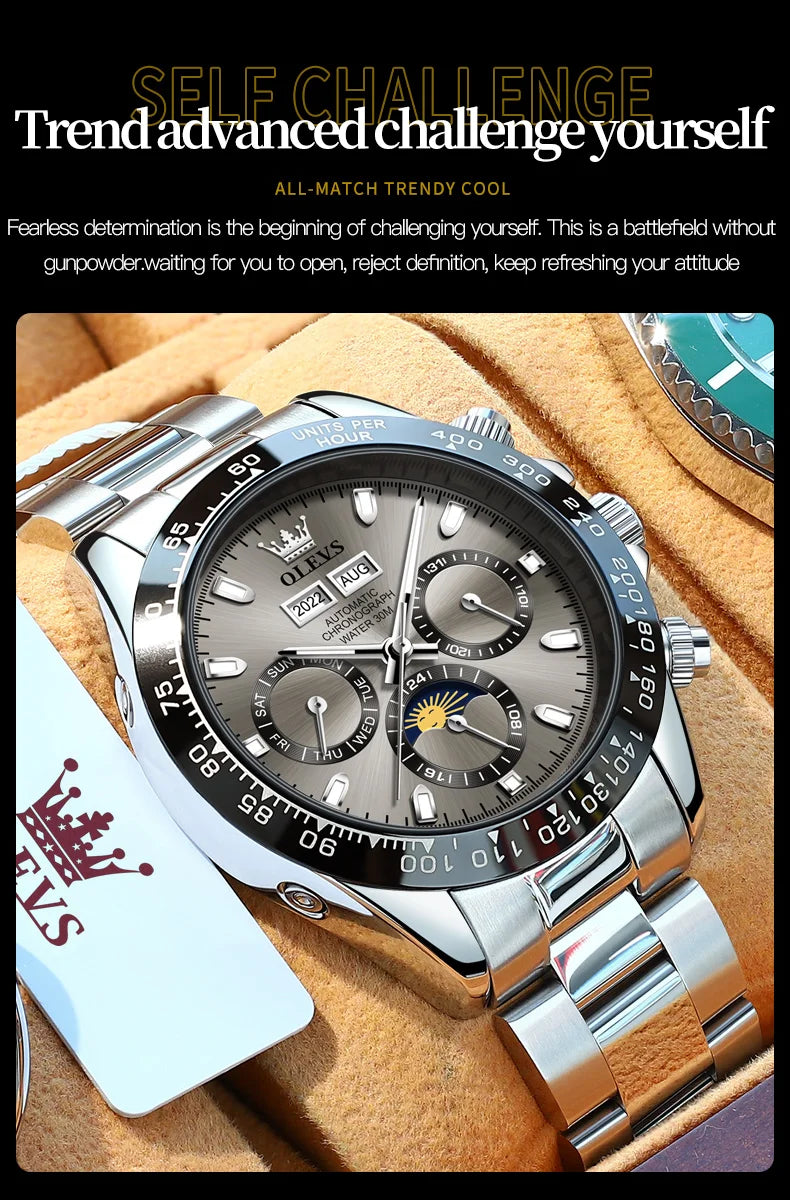 OLEVS 6654 Luxury Mens Watch Chronograph Automatic Mechanical Wristwatch Waterproof Luminous Top Brand Watch for Man Date Sport