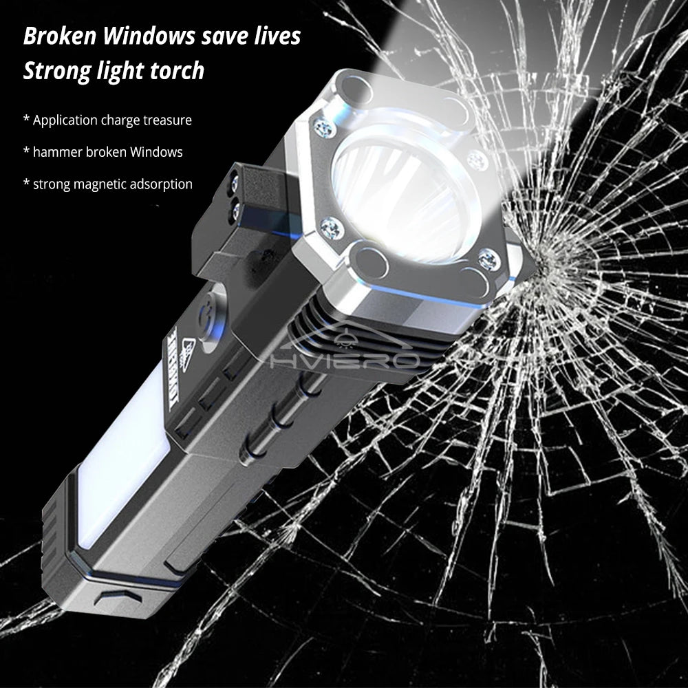 Strong Light Flashlight Multi Functional Outdoor Work Lamp COB USB Rechargeable Emergency Window Breaking Escape Safety Hammer