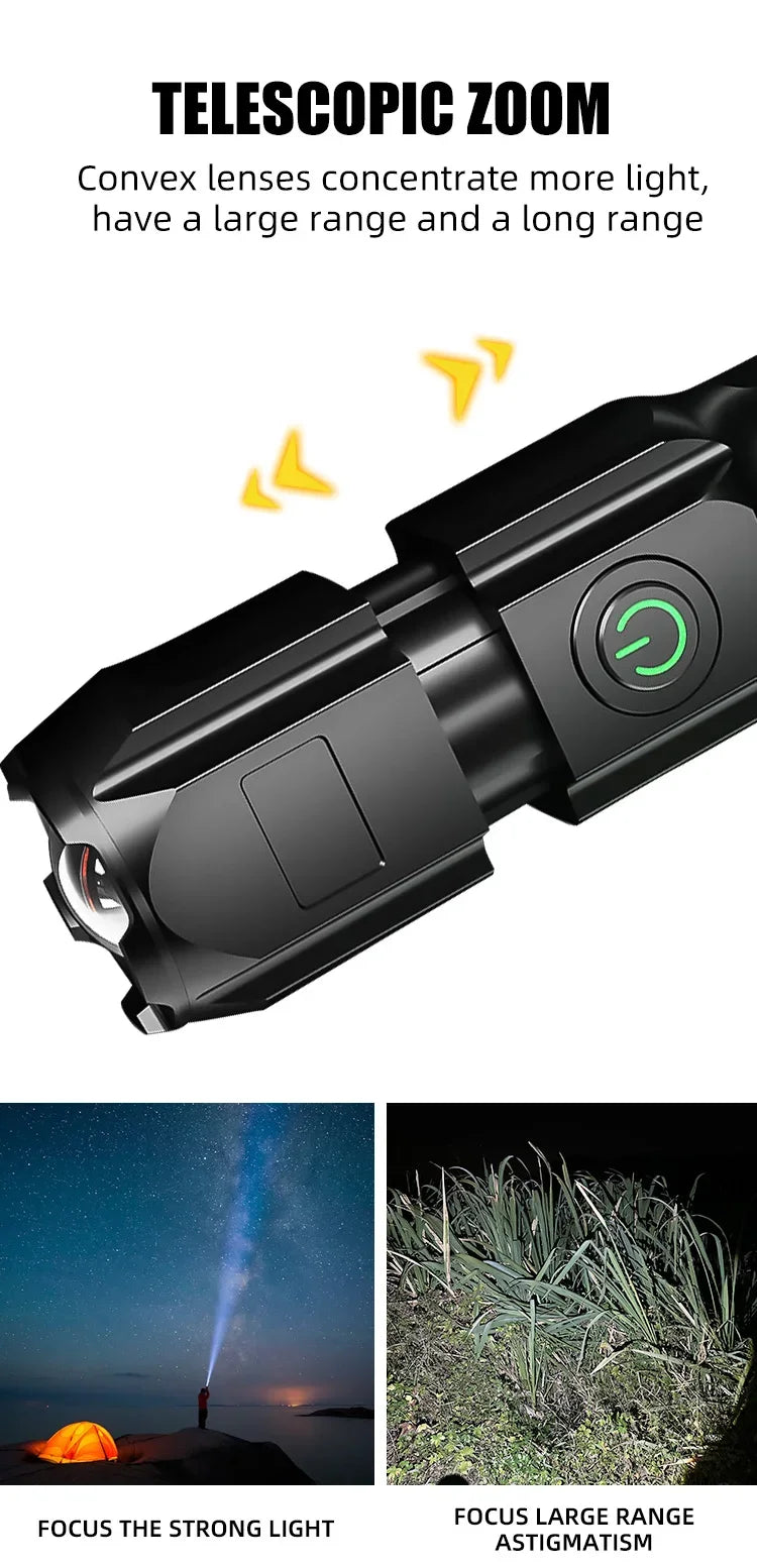 Powerful LED Flashlight Rechargeable USB Built-in Lithium Battery Waterproof Zoom Fishing Hunting Camping Tactical Flashlight