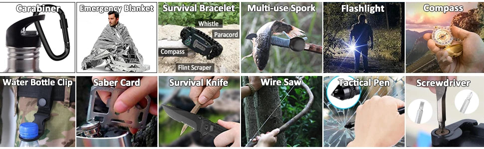 16 Pcs Survival Kit, Camping Gear & Equipment, Stocking Stuffers for Men, Outdoor Adventure Christmas Gifts