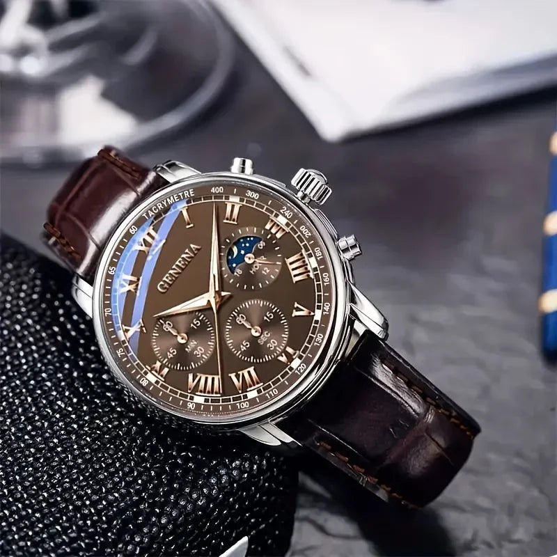 Luxury Men Business Watches  Fashion Leather Strap Round Dial Male's Analog Quartz Wristwatch Reloj Hombre（Without Box）
