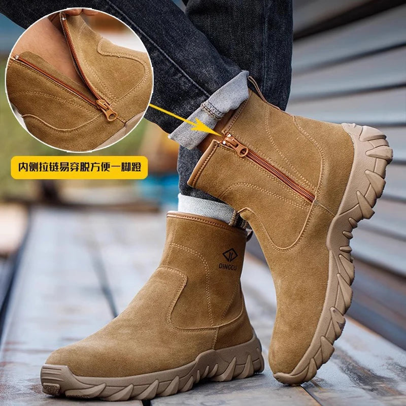 Cowhide Men Work Boots Safety Shoes High-top Side zipper Safety boot Anti scald Welding shoes Puncture-Proof Security Boots Men