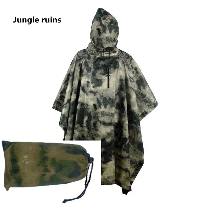 Outdoor Breathable Camouflage Poncho Jungle Tactical Raincoat Birdwatching Hiking Hunting Ghillie Suit Travel Rain Gear