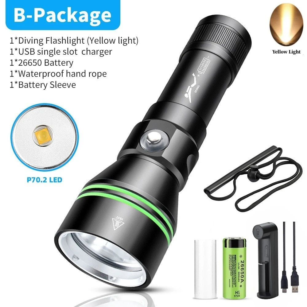 Super Bright XHP70 LED Scuba Diving Flashlight Underwater Dive Torch IPX8 Waterproof Night Diving Emergency Lantern