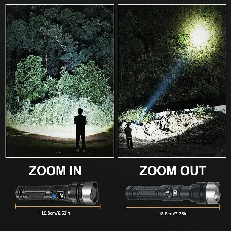 900000LM Powerful LED Flashlight Type-c Rechargeable Zoom Torch with Digital Display Handheld Flashlights for Camping Hiking