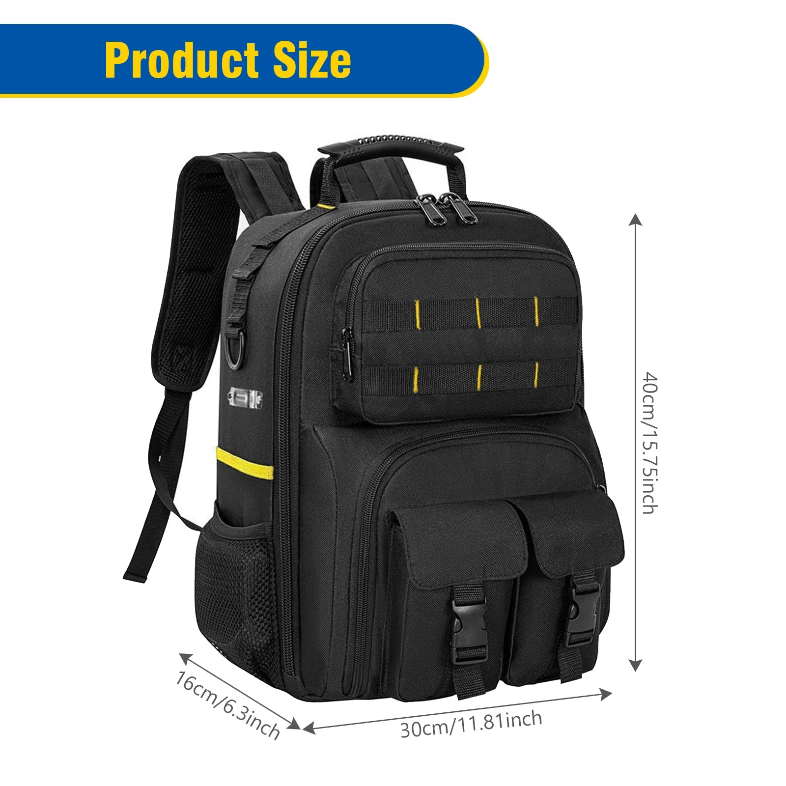 Backpack Tool Bag with Padded Back Support Heavy Duty Tool Kit Carrier Storage Bags for Electrician, Plumber, HVAC, Cable Repair