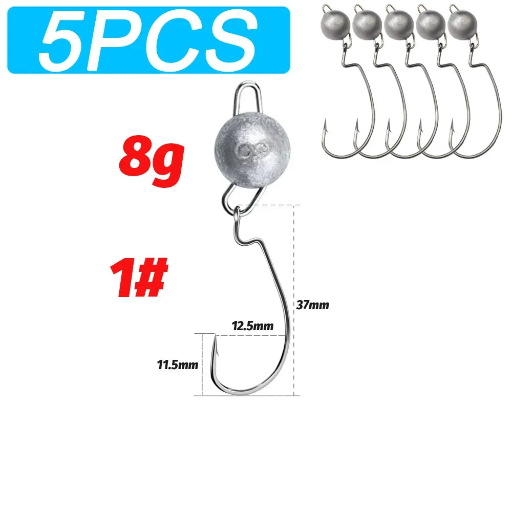 5Pcs Metal Jig Head Worm Hooks 2g 10g 18g Weight Crank Gear Sinker Pesca Weedless Offset Texas Rig Fishing Tackle Kit Fishhook
