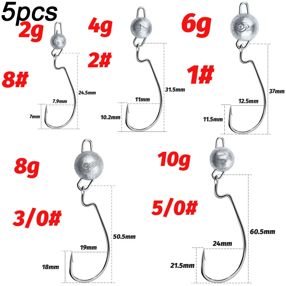5Pcs Metal Jig Head Worm Hooks 2g 10g 18g Weight Crank Gear Sinker Pesca Weedless Offset Texas Rig Fishing Tackle Kit Fishhook