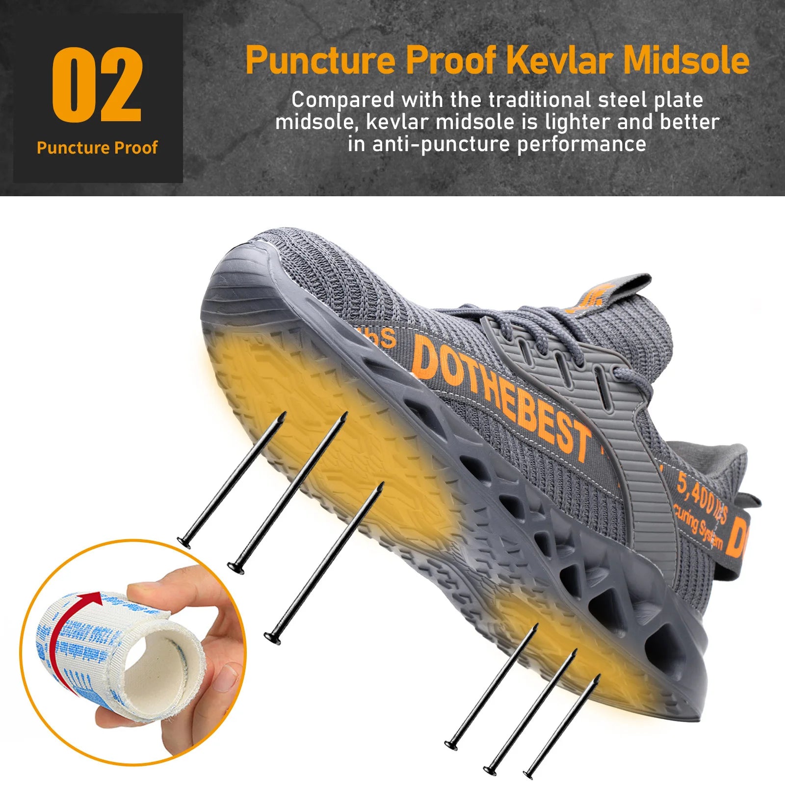 Steel Toe Safety Shoes for Men Lightweight Breathable Work Shoes Grey Anti-Smash Anti-Puncture Work Shoes Comfortable Durable