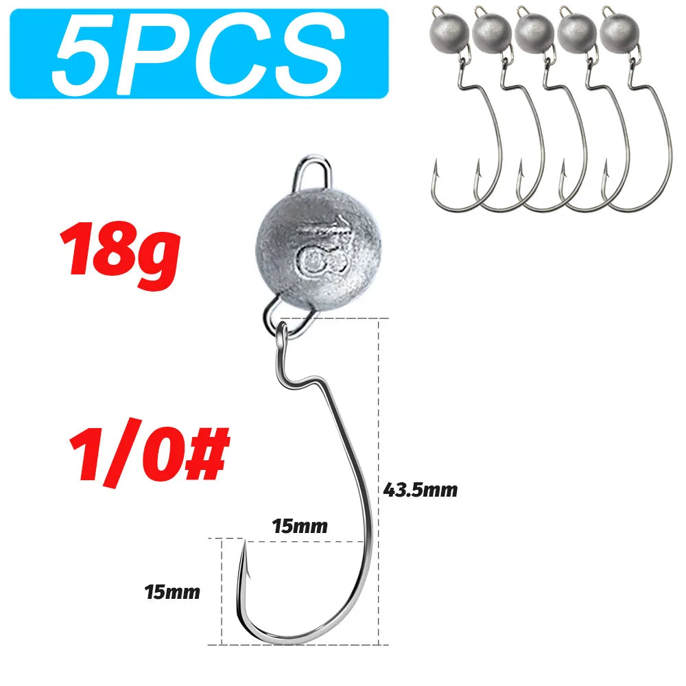 5Pcs Metal Jig Head Worm Hooks 2g 10g 18g Weight Crank Gear Sinker Pesca Weedless Offset Texas Rig Fishing Tackle Kit Fishhook