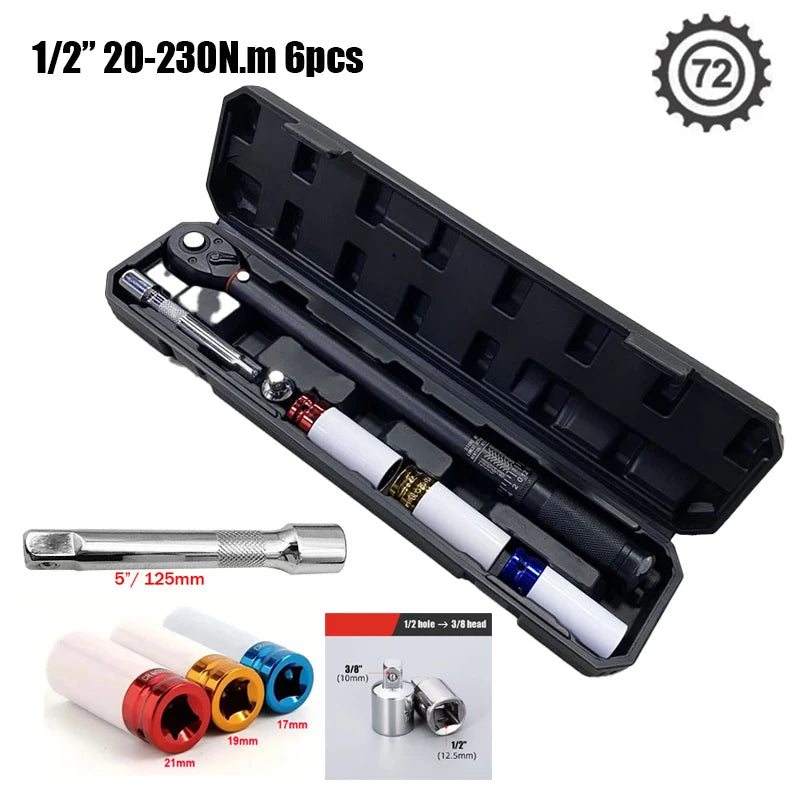 72T Torque Wrench 1/2'' 3/8'' 1/4'' Square Drive Preset Bicycle Torques Key Two-way Ratchet Car Bike Automotive Hand Tools