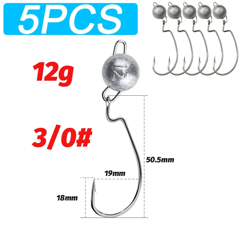 5Pcs Metal Jig Head Worm Hooks 2g 10g 18g Weight Crank Gear Sinker Pesca Weedless Offset Texas Rig Fishing Tackle Kit Fishhook