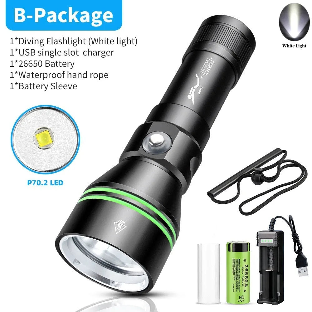 Super Bright XHP70 LED Scuba Diving Flashlight Underwater Dive Torch IPX8 Waterproof Night Diving Emergency Lantern